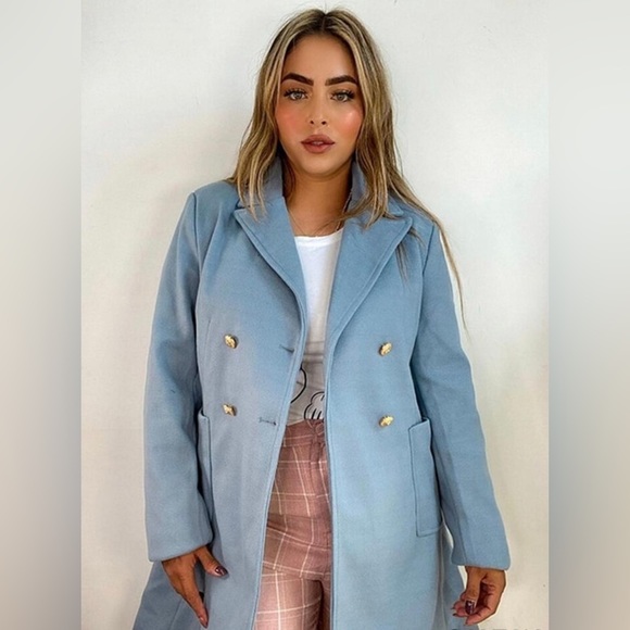 Elegant Blue Double Breasted Lapel Collar Button Up Pocketed Overcoat - Picture 6 of 9